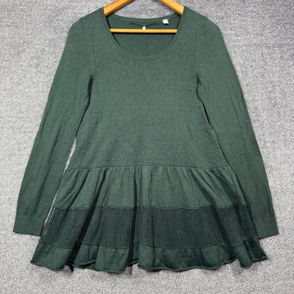 Anthropologie Knitted‎ & Knotted Sweater Medium Green Peplum Ruffle Silk Blend